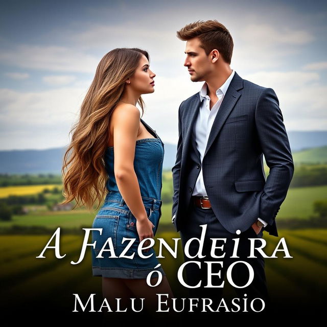 A romantic book cover for 'A Fazendeira e o CEO', featuring a beautiful 18-year-old woman with a stunning face, wearing a short denim overall that accentuates her curvy figure