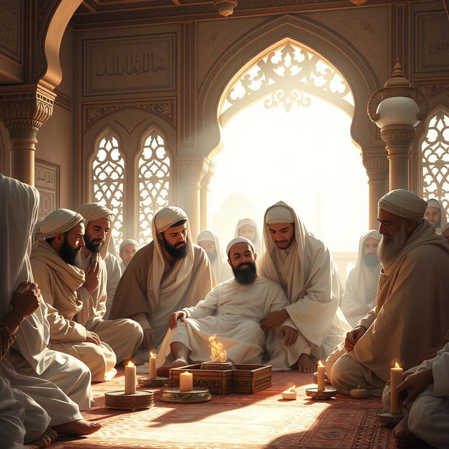 An exquisite artistic rendering of a historical scene depicting the moment of Prophet Muhammad's passing in Medina