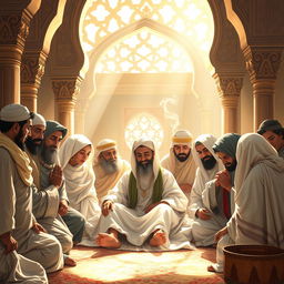 An exquisite artistic rendering of a historical scene depicting the moment of Prophet Muhammad's passing in Medina