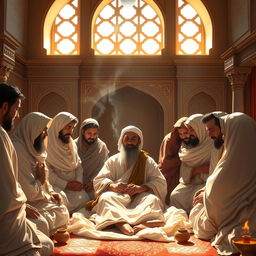 An exquisite artistic rendering of a historical scene depicting the moment of Prophet Muhammad's passing in Medina
