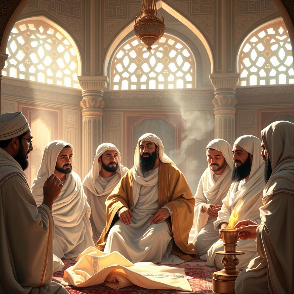 An exquisite artistic rendering of a historical scene depicting the moment of Prophet Muhammad's passing in Medina