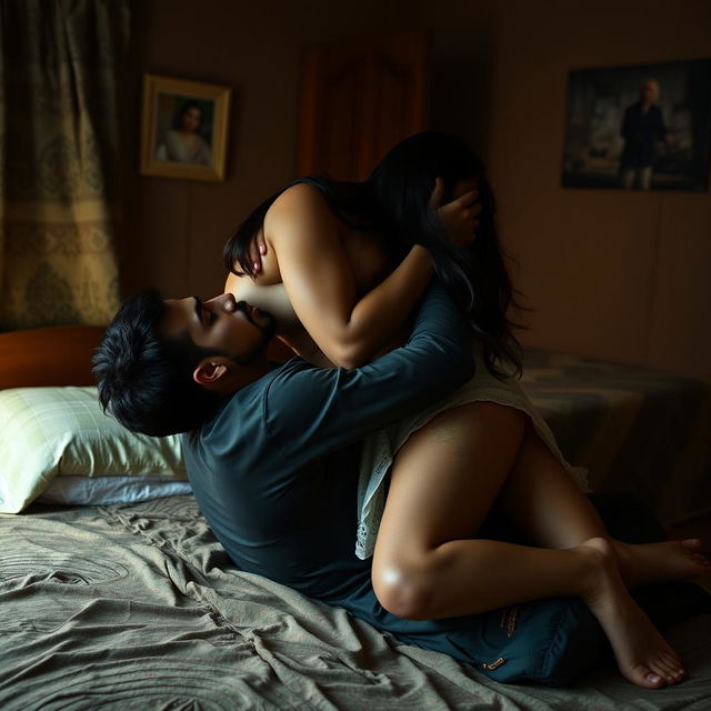 An intimate scene set in a modest lodge room, featuring a hot, cute 18-year-old Pakistani girl with long legs, fully naked and lying on top of a man