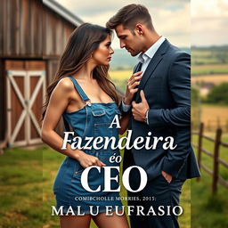 A romantic book cover for "A Fazendeira e o CEO" featuring a stunning 18-year-old woman with a beautiful face, wearing a short denim overall that accentuates her large curves