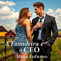 A romantic book cover for "A Fazendeira e o CEO" featuring a stunning 18-year-old woman with a beautiful face, wearing a short denim overall that accentuates her large curves