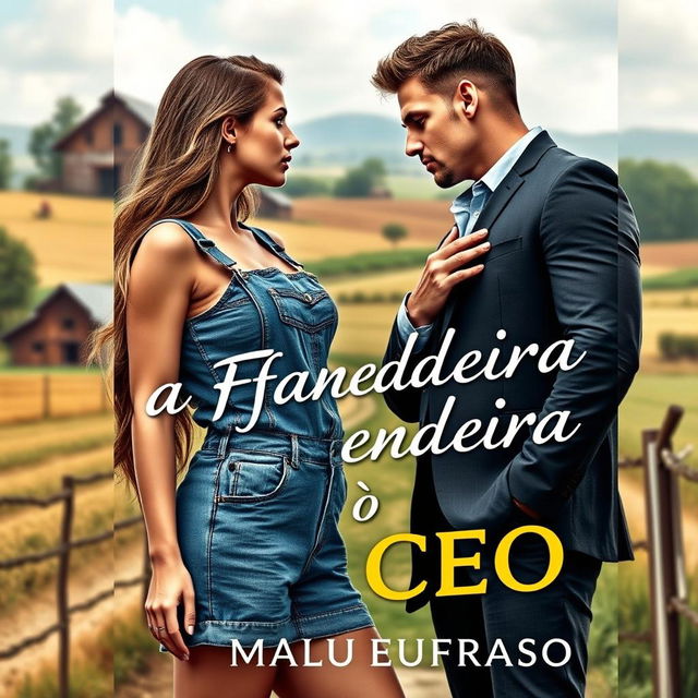 A romantic book cover for "A Fazendeira e o CEO" featuring a stunning 18-year-old woman with a beautiful face, wearing a short denim overall that accentuates her large curves