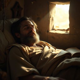 A dramatic portrayal of a prophet suffering from a high fever, lying in a simple, rustic room