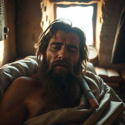 A dramatic portrayal of a prophet suffering from a high fever, lying in a simple, rustic room