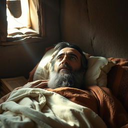 A dramatic portrayal of a prophet suffering from a high fever, lying in a simple, rustic room