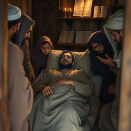 A poignant scene depicting the historical moment of Prophet Muhammad's final days, bedridden with a high fever