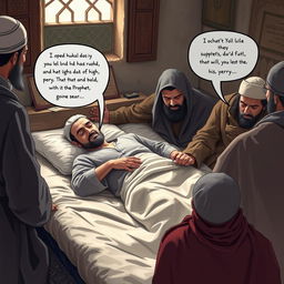 A poignant scene depicting the historical moment of Prophet Muhammad's final days, bedridden with a high fever