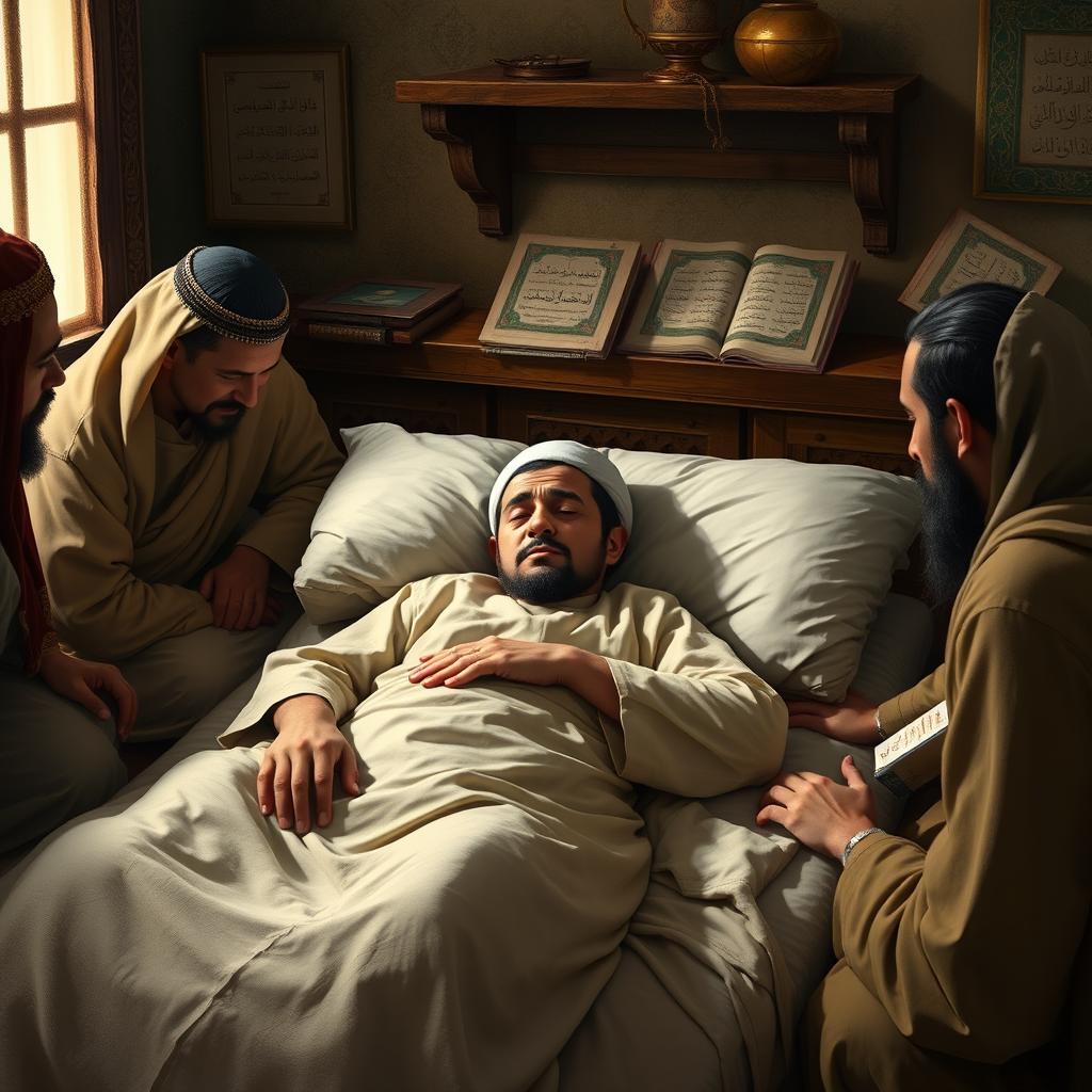 A poignant scene depicting the historical moment of Prophet Muhammad's final days, bedridden with a high fever