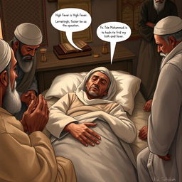 A poignant scene depicting the historical moment of Prophet Muhammad's final days, bedridden with a high fever