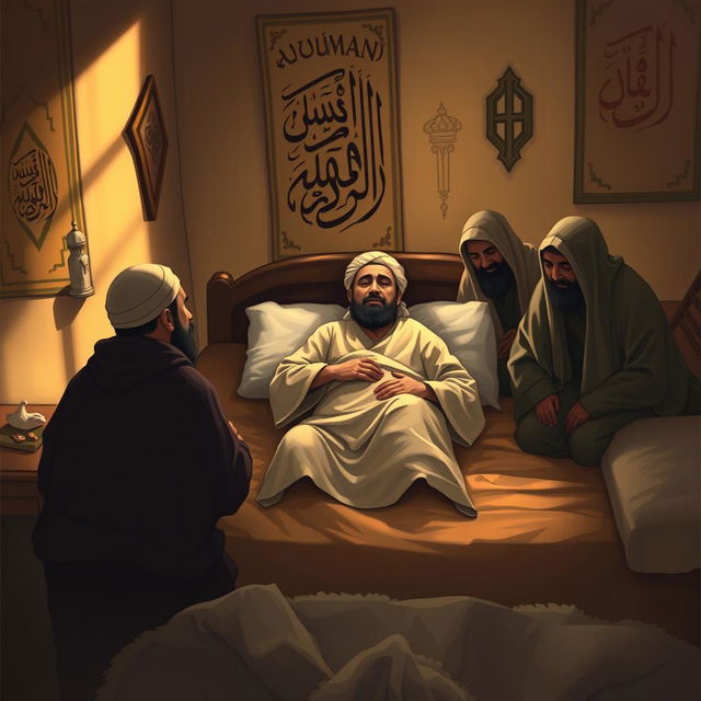 A somber and respectful depiction of the time of Prophet Muhammad's death, illustrating him bedridden with a fever