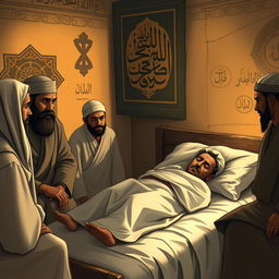 A somber and respectful depiction of the time of Prophet Muhammad's death, illustrating him bedridden with a fever
