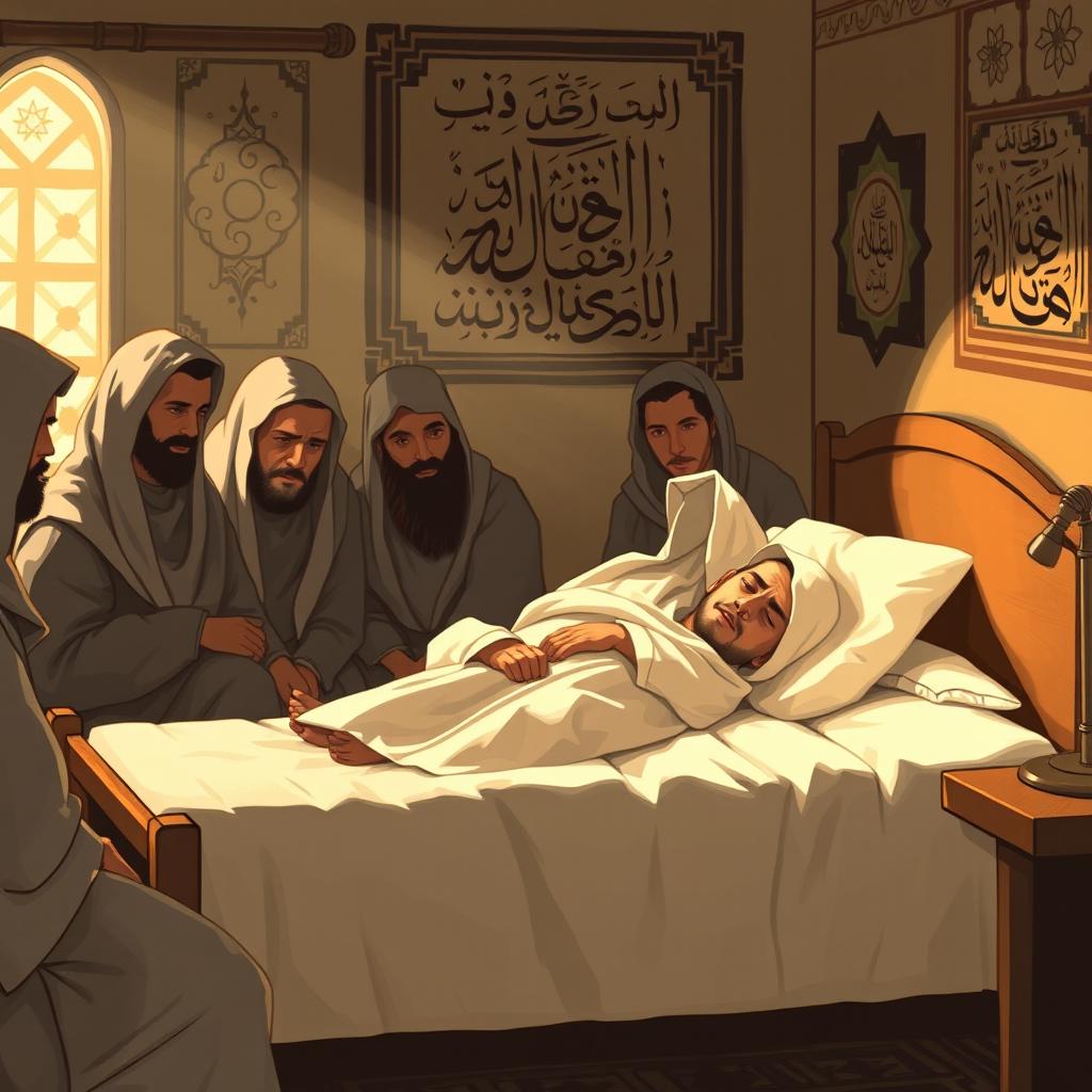 A somber and respectful depiction of the time of Prophet Muhammad's death, illustrating him bedridden with a fever