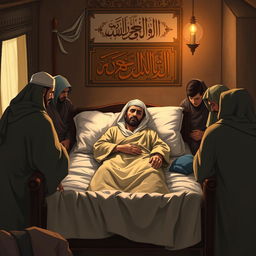 A somber and respectful depiction of the time of Prophet Muhammad's death, illustrating him bedridden with a fever