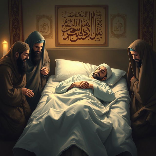 A respectful and poignant representation of Prophet Muhammad in his final moments, bedridden with a fever