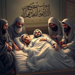 A respectful and poignant representation of Prophet Muhammad in his final moments, bedridden with a fever