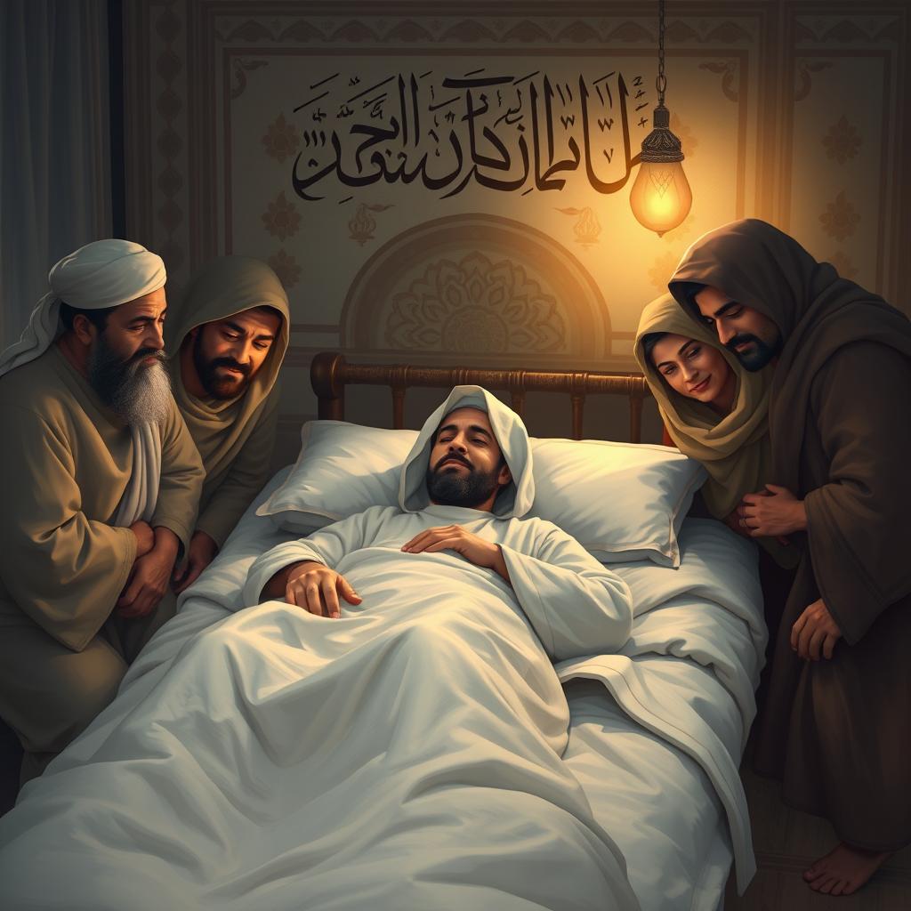 A respectful and poignant representation of Prophet Muhammad in his final moments, bedridden with a fever