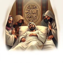 A respectful and poignant representation of Prophet Muhammad in his final moments, bedridden with a fever