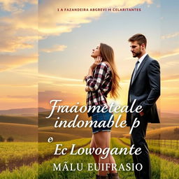 A romantic book cover featuring a young 18-year-old female farmer with long hair cascading down to her waist, dressed in denim shorts and a plaid shirt