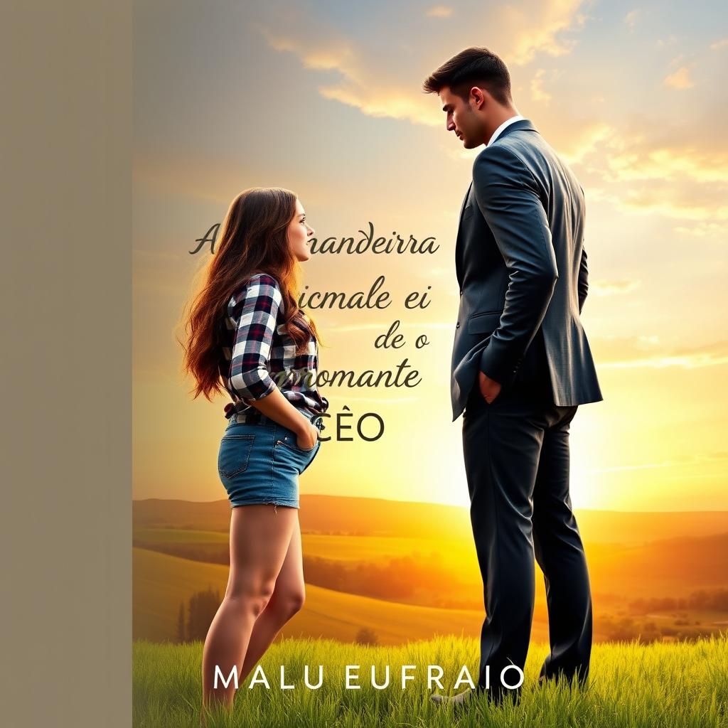 A romantic book cover featuring a young 18-year-old female farmer with long hair cascading down to her waist, dressed in denim shorts and a plaid shirt