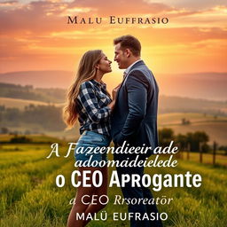 A romantic book cover featuring a young 18-year-old female farmer with long hair cascading down to her waist, dressed in denim shorts and a plaid shirt