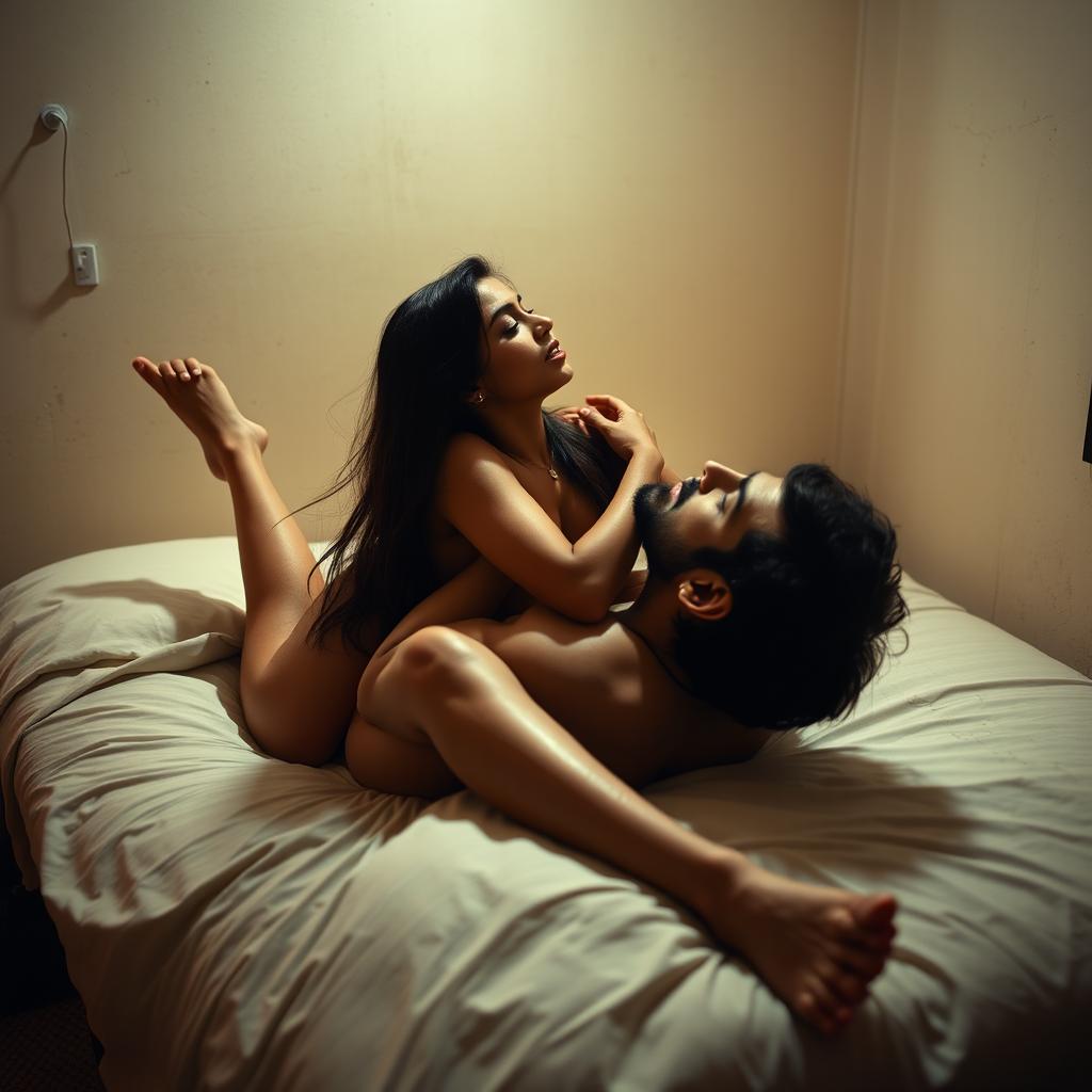 In a modest lodge room, a young Pakistani woman with long legs lies on top of a man on an unmade bed, both immersed in a moment of passion