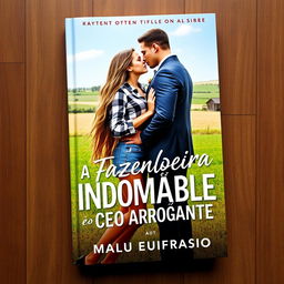 A romantic book cover featuring a beautiful 18-year-old female farmer with long hair reaching her waist, wearing denim shorts and a checkered blouse