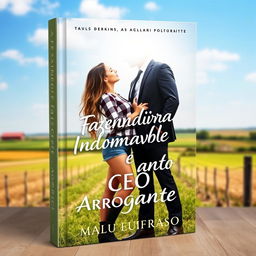 A romantic book cover featuring a beautiful 18-year-old female farmer with long hair reaching her waist, wearing denim shorts and a checkered blouse