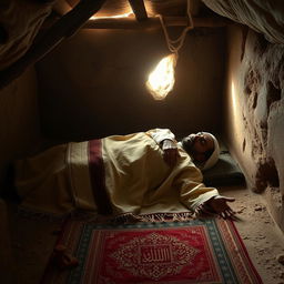 A historical scene depicting the final moments of Prophet Muhammad, lying face down inside a simple hut