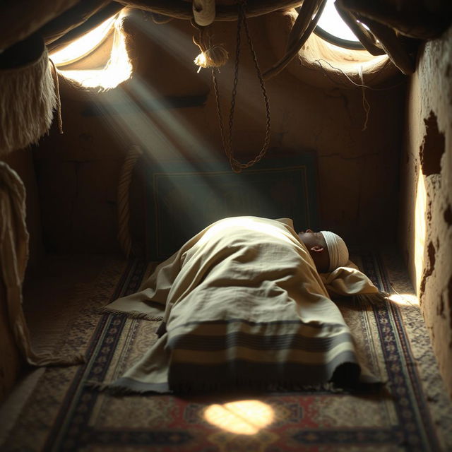 A historical scene depicting the final moments of Prophet Muhammad, lying face down inside a simple hut