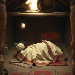 A historical scene depicting the final moments of Prophet Muhammad, lying face down inside a simple hut