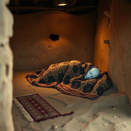 A respectful historical scene capturing Prophet Muhammad during his final moments, lying face down in a humble hut