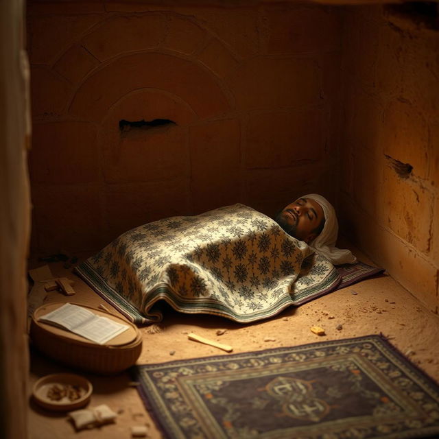 A respectful historical scene capturing Prophet Muhammad during his final moments, lying face down in a humble hut