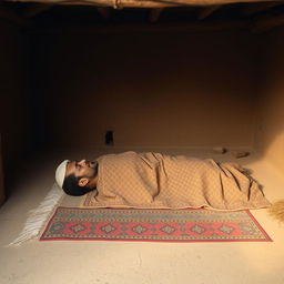 A respectful historical scene capturing Prophet Muhammad during his final moments, lying face down in a humble hut