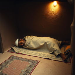 A respectful historical scene capturing Prophet Muhammad during his final moments, lying face down in a humble hut