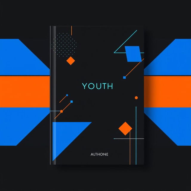 A professional and youthful book cover design featuring a black background adorned with minimalist geometric figures and lines in vibrant blue and orange