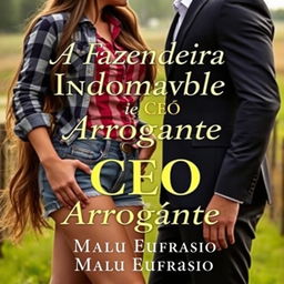 A romantic book cover featuring a close-up scene of a beautiful 18-year-old female farmer, with long hair cascading down to her waist, wearing stylish denim shorts and a plaid shirt