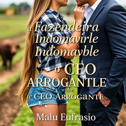 A romantic book cover featuring a close-up scene of a beautiful 18-year-old female farmer, with long hair cascading down to her waist, wearing stylish denim shorts and a plaid shirt