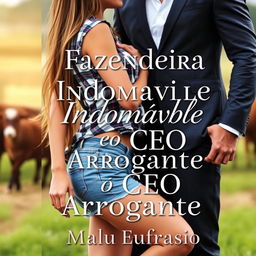 A romantic book cover featuring a close-up scene of a beautiful 18-year-old female farmer, with long hair cascading down to her waist, wearing stylish denim shorts and a plaid shirt