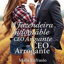 A romantic book cover featuring a close-up scene of a beautiful 18-year-old female farmer, with long hair cascading down to her waist, wearing stylish denim shorts and a plaid shirt