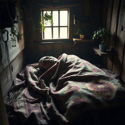 A poignant scene depicting death, lying face down in a rustic hut, covered with a beautifully patterned blanket that adds a touch of warmth to the somber atmosphere