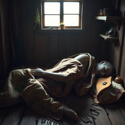 A poignant scene depicting death, lying face down in a rustic hut, covered with a beautifully patterned blanket that adds a touch of warmth to the somber atmosphere