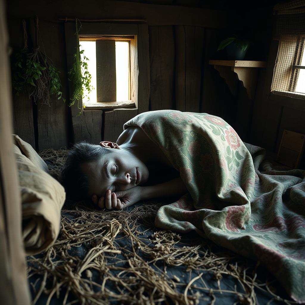 A poignant scene depicting death, lying face down in a rustic hut, covered with a beautifully patterned blanket that adds a touch of warmth to the somber atmosphere