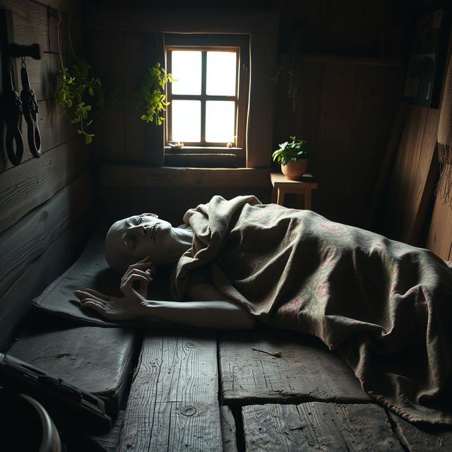 A poignant scene depicting death, lying face down in a rustic hut, covered with a beautifully patterned blanket that adds a touch of warmth to the somber atmosphere