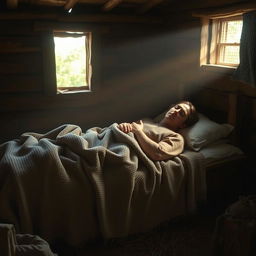 A serene depiction of a historical figure lying peacefully on a modest bed in a simple hut, covered with a textured blanket