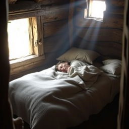 A serene depiction of a historical figure lying peacefully on a modest bed in a simple hut, covered with a textured blanket