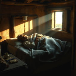A serene depiction of a historical figure lying peacefully on a modest bed in a simple hut, covered with a textured blanket