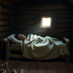 A serene depiction of a historical figure lying peacefully on a modest bed in a simple hut, covered with a textured blanket